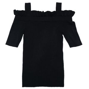 Olivia Grace Striped Ruffled Cold-Shoulder Jet Black Medium