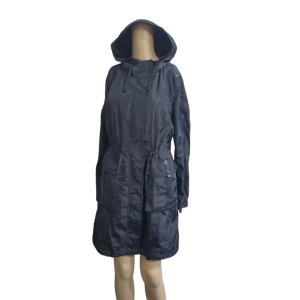BCBGeneration Womens Hooded Faux-Leather-Trim Polyester Anorak Rain Jacket Black Small Affordable Designer Brands