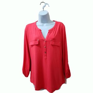 Charter Club Women Roll-Tab Henley Top New Coral Xlarge Affordable Designer Brands