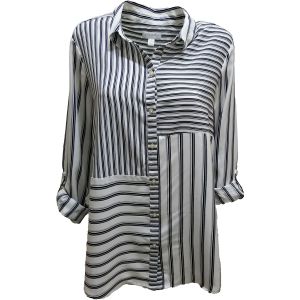 Charter Club Striped Button Down Roll-Tab Sleeves Shirt White Cloud Combo