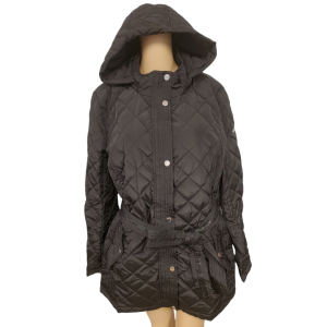 DKNY Womens Hooded Water-Resistant Belted Quilted Polyester Jacket Black XLarge Affordable Designer Brands