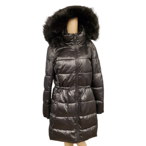 DKNY Womens High-Shine Faux-Fur-Trim Hooded Puffer Coat Polyester Black Large from Affordable Designer Brands