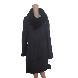 DKNY Womens Asymmetrical Faux-Fur-Collar Zipper Wool Coat Black XXL