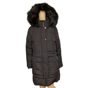 DKNY Womens Petite Faux-Fur-Trim Hooded Polyester Anorak Coat Black PSmall Affordable Designer Brands