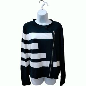 Olivia Grace Women Asymmetrical-Zip Cardigan Sweater Black White Large Affordable Designer Brands