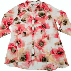 Jm Collection Women Long Sleeve Roll-Tab Oversized Button Doen Shirt Artisan Garden Perfect Rose Large Affordable Designer Brands