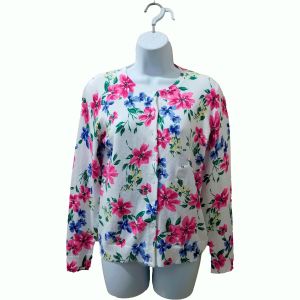 Karen Scott Women  Leaf-Pattern Cardigan Sweater Bright White Combo Affordable Designer Brands small
