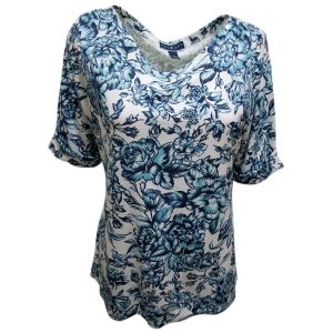 Karen Scott Elbow-Sleeve Flower Print Top Blouse Intrepid Blue Large front from Affordable Designer Brands