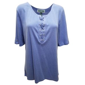 Karen Scott Lace-Up Cotton T-Shirt Blue XXLarge front from Affordable Designer Brands