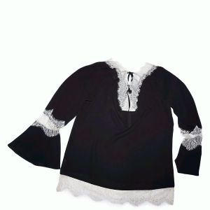 Ny Collection Women  Lace-Trim Peasant Long Sleeve Blouse  Top  Jet Black With Cream Lace Large Affordabledesignerbrands.com