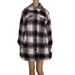 Steve Madden Womens Juniors Plaid Shirt Jacket with Notched Collar Black Cream Plaid Small from Affordable Designer Brands