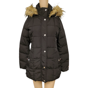 Tommy Hilfiger Womens Hooded Faux-Fur-Trim Puffer Coat Polyester Black XSmall Affordable Designer Brands