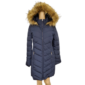 Tommy Hilfiger Womens Chevron Faux-Fur Trim Hooded Puffer Coat Navy XSmall from Affordable Designer Brands