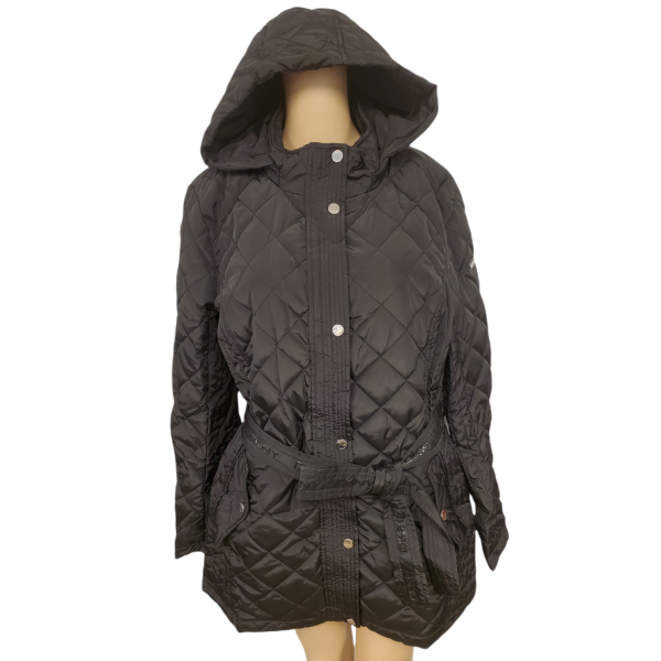 DKNY Womens Hooded Water-Resistant Belted Quilted Polyester Jacket Black  XLarge