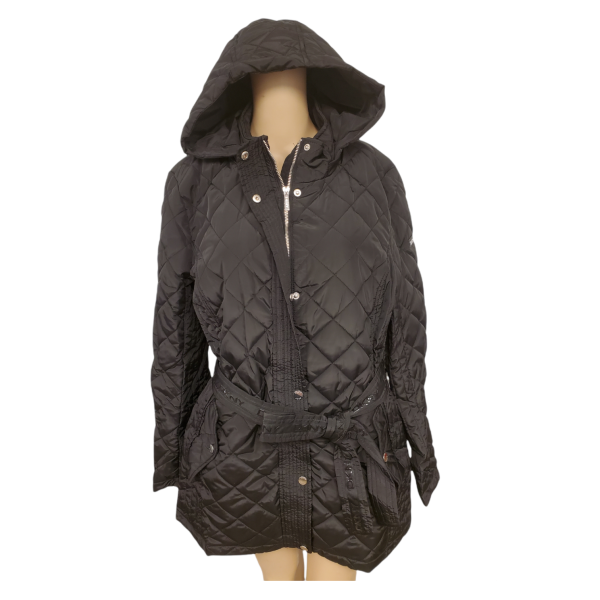 DKNY Womens Hooded Water-Resistant Belted Quilted Polyester Jacket