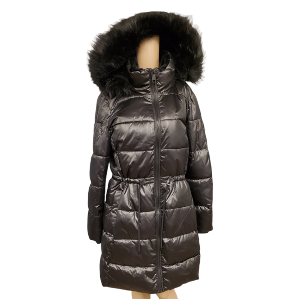 DKNY Womens High Shine Faux Fur Trim Hooded Puffer Coat Polyester Black  Large