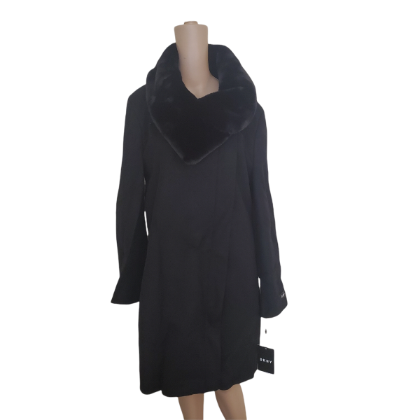 DKNY Womens Asymmetrical Faux-Fur-Collar Zipper Wool Coat Black