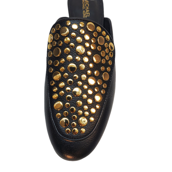Michael Kors Women's Leather Mule Sandals Farrow Slip On Gold Studded Flats  Shoes Black 6M