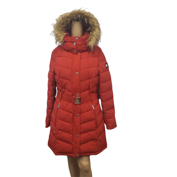 Tommy Hilfiger Women's Belted Faux-Fur-Trim Puffer Coat Dark Red Medium Designer Brands | Affordable Designer Brands